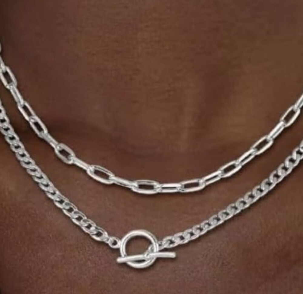 Silver Toned Layered Double Chain Necklace Paperclip Link Toggle Clasp Adjustabl - Picture 4 of 5